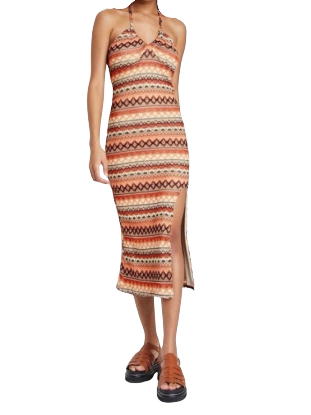 Striped Halter Midi Dress in Warm Neutral Tones
